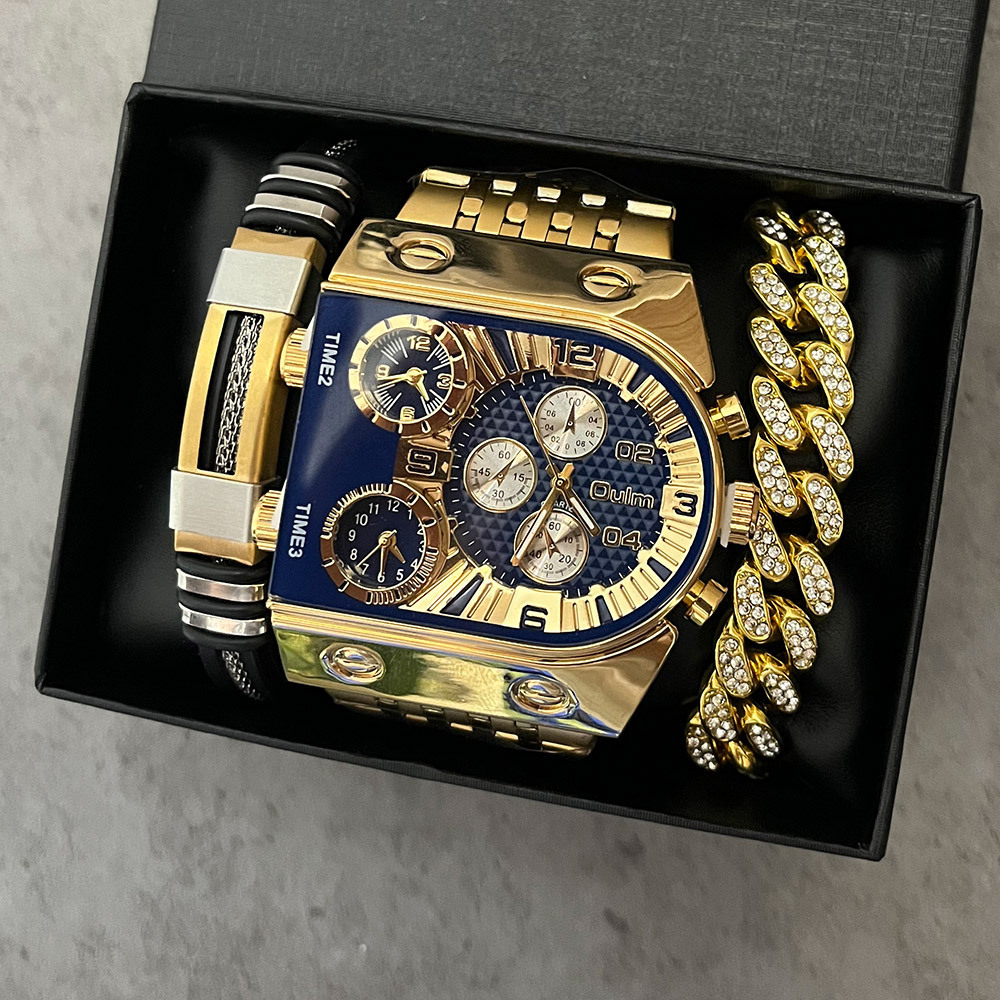 Smartwatch Face - นาฬิกาควอทซ์กันน้ำเรืองแสงหน้าปัดใหญ่ทรงสี่เหลี่ยมผืนผ้าสีทองเงินสุดหรูสำหรับผู้ชาย ชุดนาฬิกาสปอร์ตหลายเขตเวลา ชุดเครื่องแบบทหาร