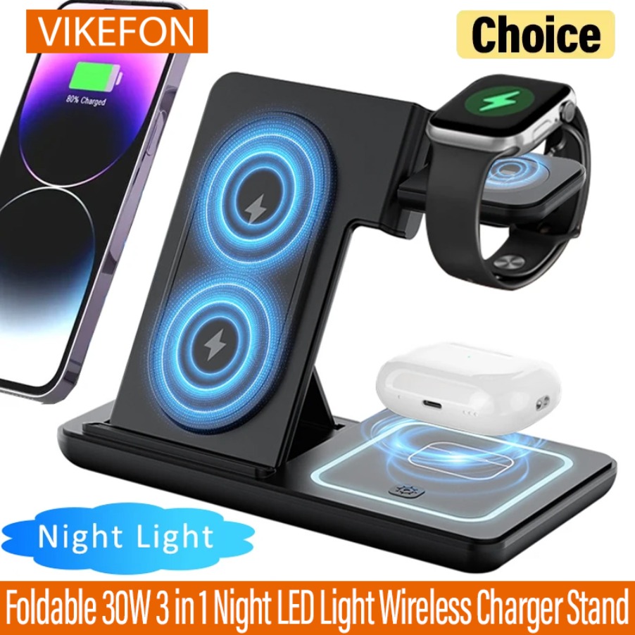 Wireless Charger Watch - 3 ใน 1 พับได้ไฟ LED กลางคืนแท่นชาร์จไร้สายสำหรับไอโฟน